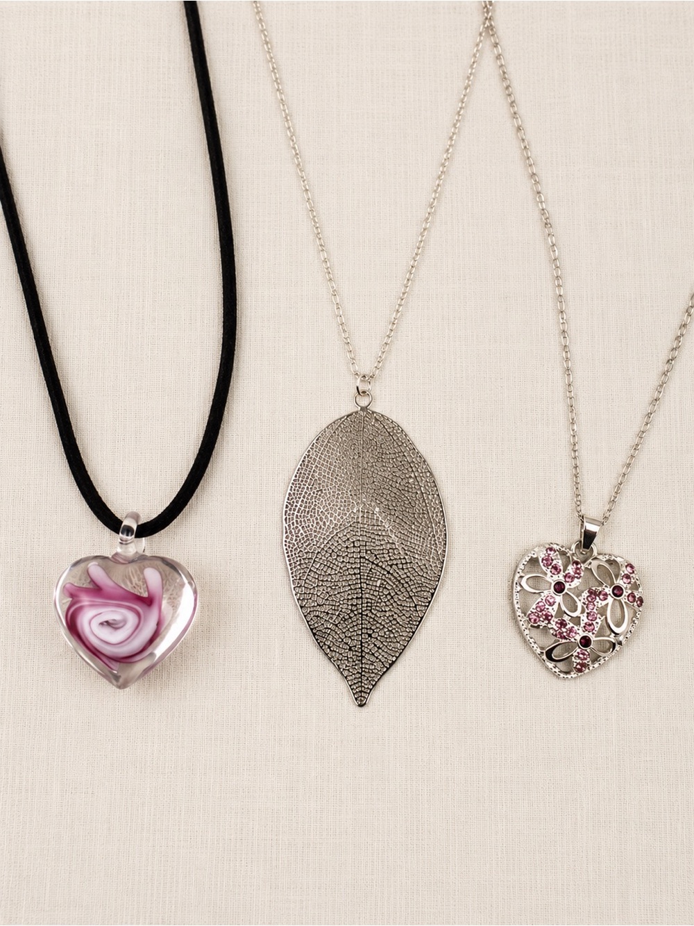 3 Necklace Lot Heart Pendant Leaf Pendant Pink Rhinestone Glass Heart